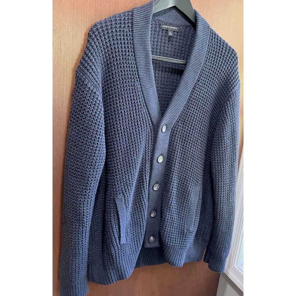 Banana Republic Sweater Mens XL Navy Blue Waffle Knit Shawl Collar Cardigan EUC